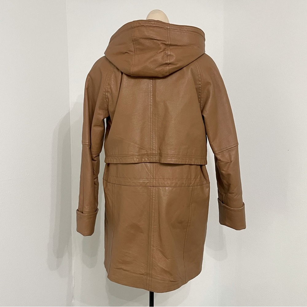 Phase Two Genuine Leather Insulated Trench Coat with Hood / camel brown / small - Picture 3 of 7
